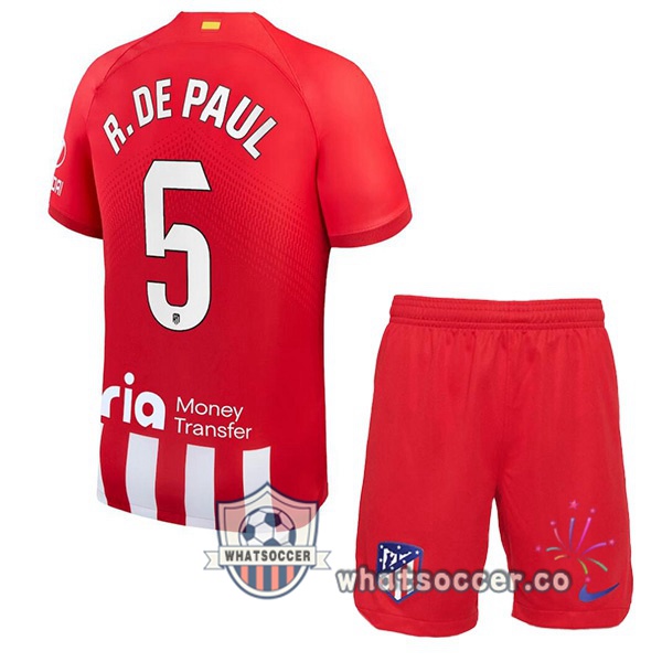Atletico Madrid (R. De Paul 5) Kids Home Soccer Jerseys Red 2023-2024
