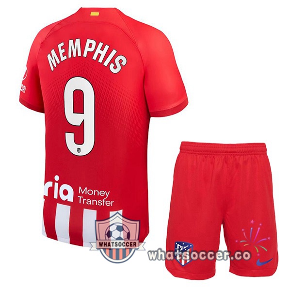 Atletico Madrid (Memphis 9) Kids Home Soccer Jerseys Red 2023-2024