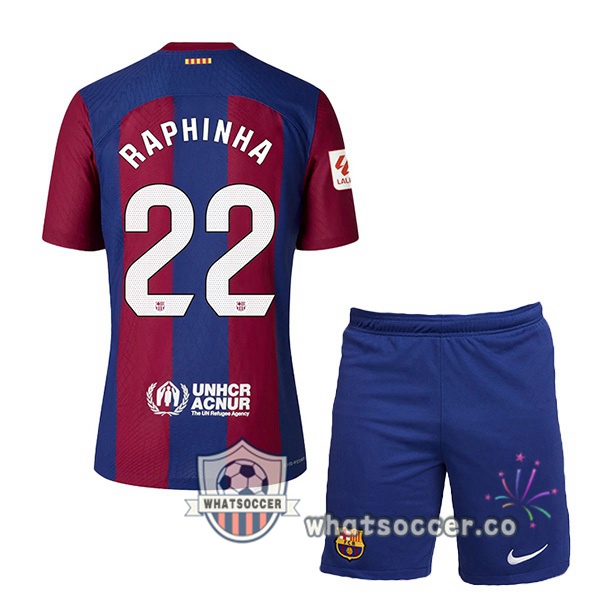 FC Barcelona (RAPHINHA 22) Kids Home Soccer Jerseys Blue Red 2023-2024