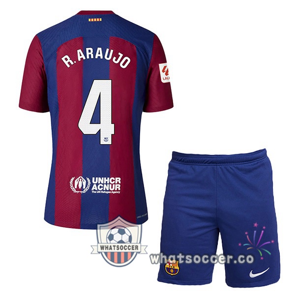 FC Barcelona (R. ARAUJO 4) Kids Home Soccer Jerseys Blue Red 2023-2024