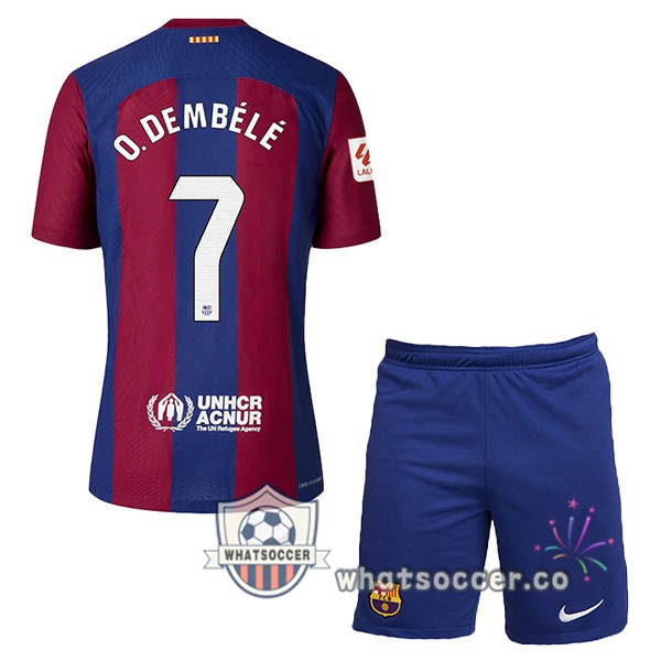 FC Barcelona (O. DEMBÉLÉ 7) Kids Home Soccer Jerseys Blue Red 2023-2024