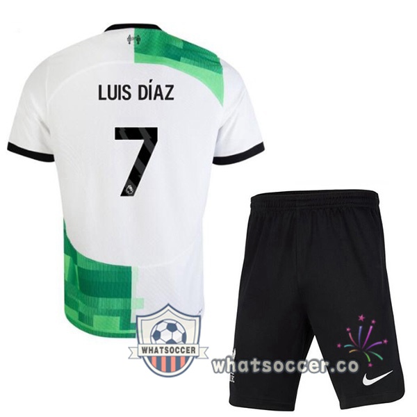 FC Liverpool (LUIS DÍAZ 7) Kids Away Soccer Jerseys White Green 2023-2024