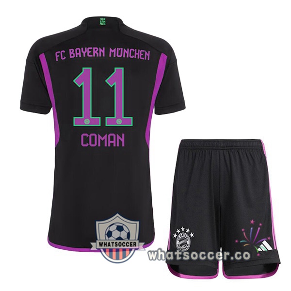 Bayern Munich (Coman 11) Kids Away Soccer Jerseys Black 2023-2024