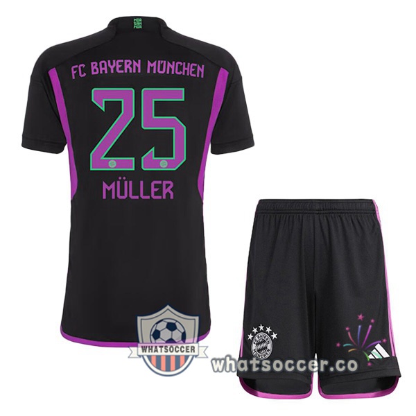 Bayern Munich (Müller 25) Kids Away Soccer Jerseys Black 2023-2024
