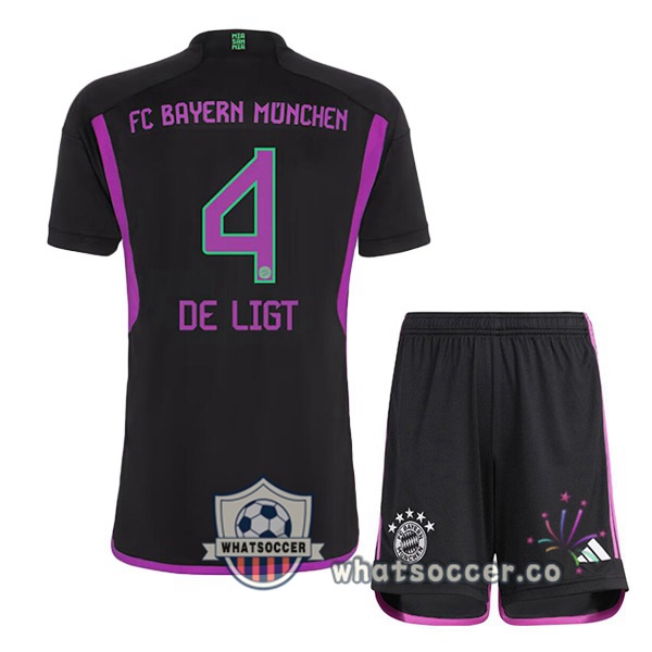 Bayern Munich (de Ligt 4) Kids Away Soccer Jerseys Black 2023-2024