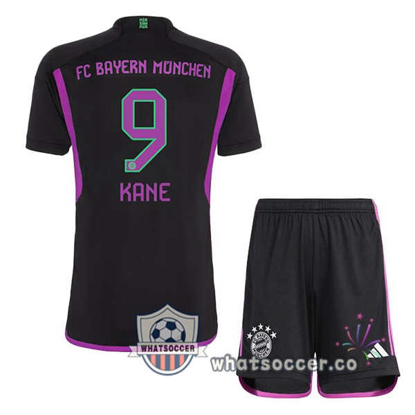 Bayern Munich (Kane 9) Kids Away Soccer Jerseys Black 2023-2024