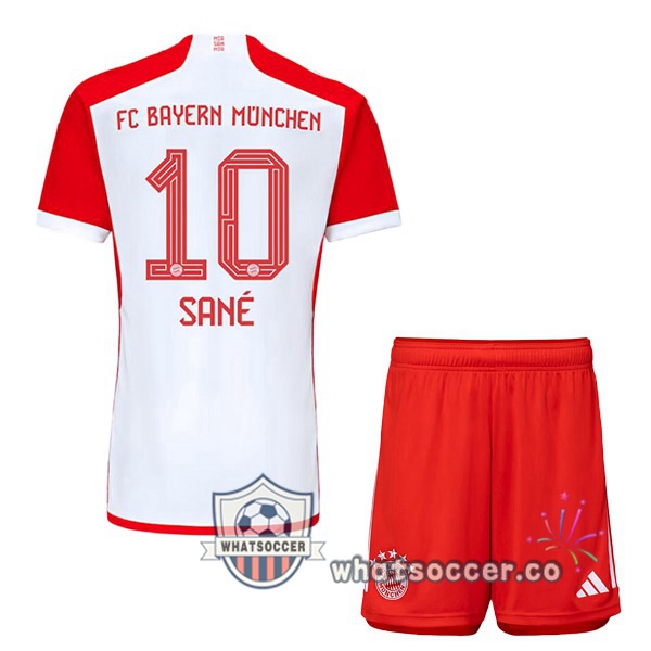 Bayern Munich (Sané 10) Kids Home Soccer Jerseys White Red 2023-2024