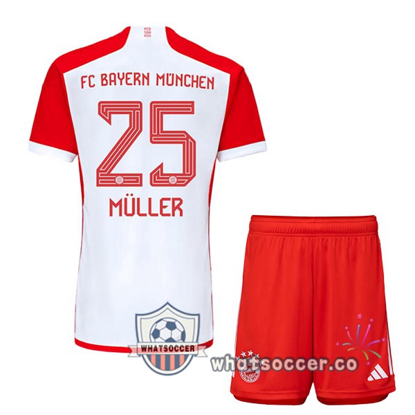Bayern Munich (Müller 25) Kids Home Soccer Jerseys White Red 2023-2024