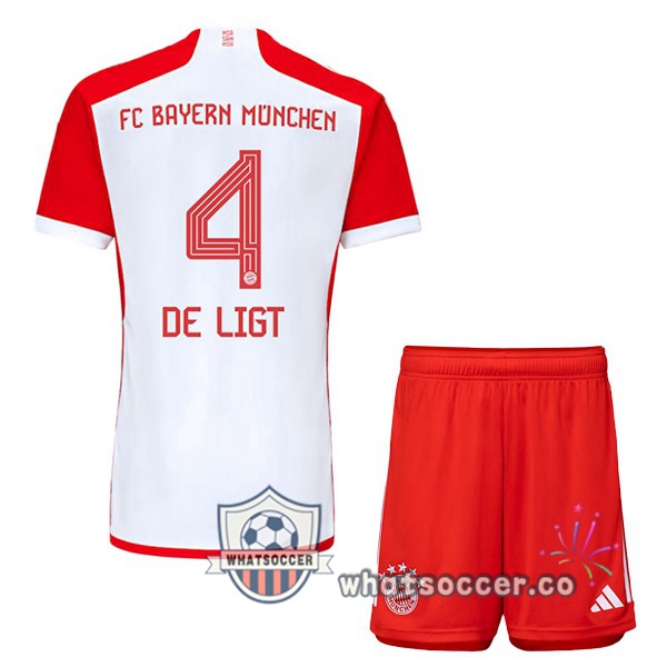 Bayern Munich (de Ligt 4) Kids Home Soccer Jerseys White Red 2023-2024