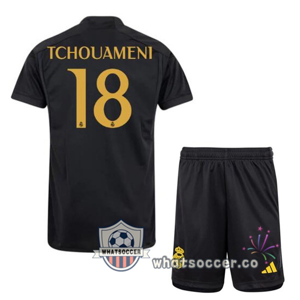 Real Madrid (Tchouameni 18) Kids Third Soccer Jerseys Black 2023-2024