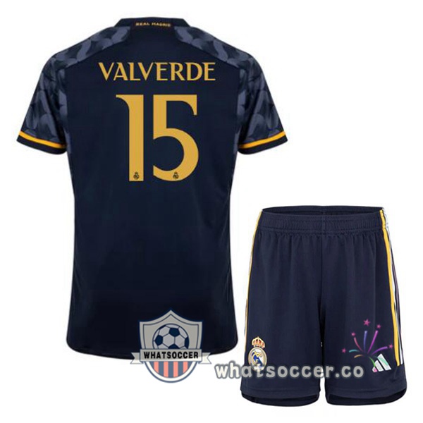 Real Madrid (Valverde 15) Kids Away Soccer Jerseys Blue Royal 2023-2024
