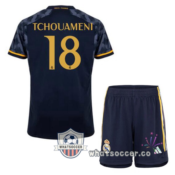 Real Madrid (Tchouameni 18) Kids Away Soccer Jerseys Blue Royal 2023-2024