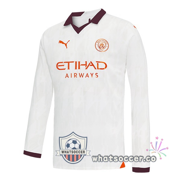 Manchester City Away Soccer Jerseys Long Sleeve White 2023-2024