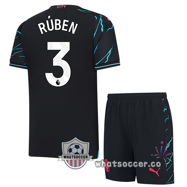 Manchester City (Ruben Dias 3) Kids Third Soccer Jerseys Blue Black 2023-2024