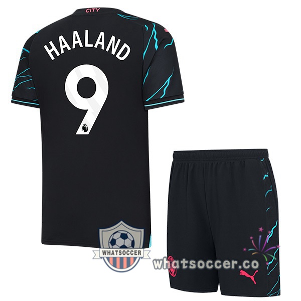 Manchester City (Erling Haaland 9) Kids Third Soccer Jerseys Blue Black 2023-2024