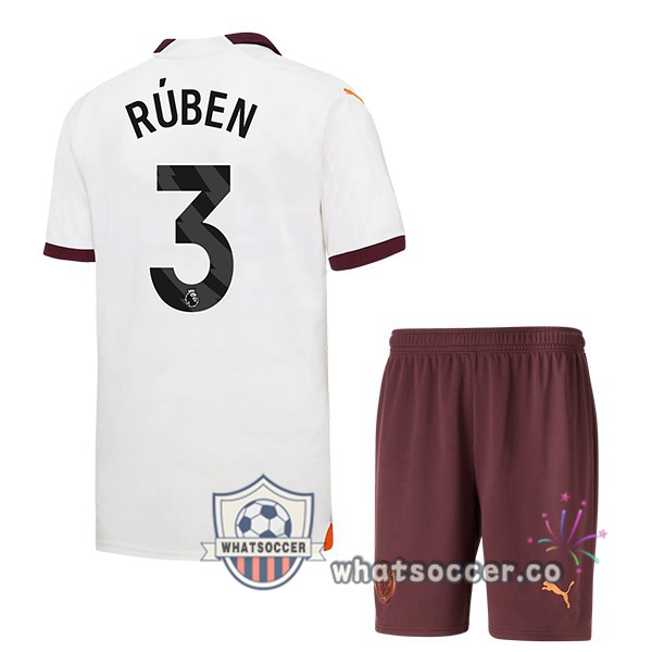 Manchester City (Ruben Dias 3) Kids Away Soccer Jerseys White 2023-2024