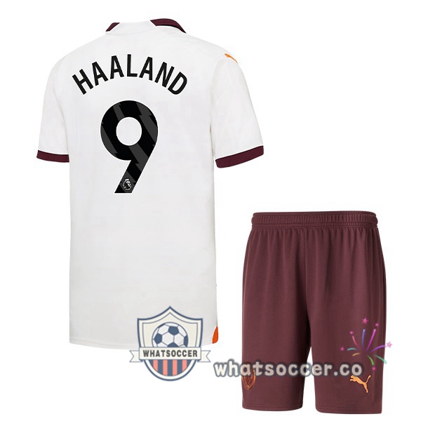 Manchester City (Erling Haaland 9) Kids Away Soccer Jerseys White 2023-2024
