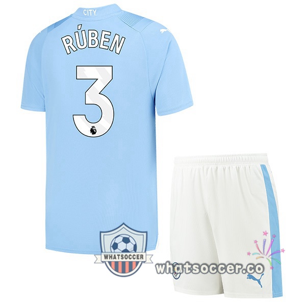 Manchester City (Ruben Dias 3) Kids Home Soccer Jerseys Blue 2023-2024
