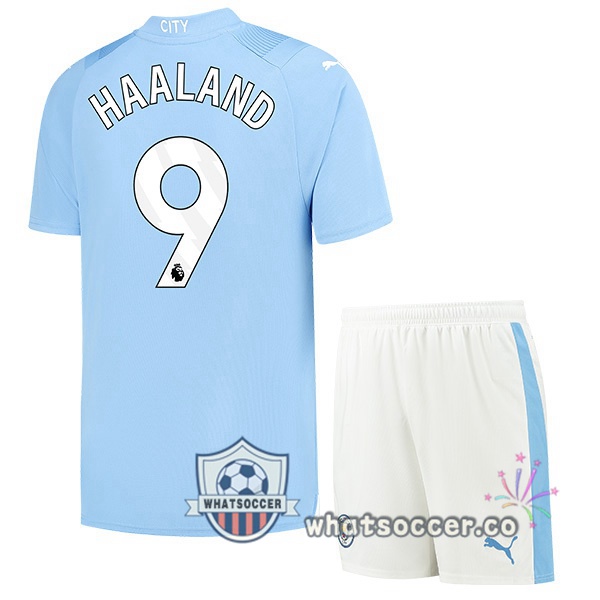 Manchester City (Erling Haaland 9) Kids Home Soccer Jerseys Blue 2023-2024