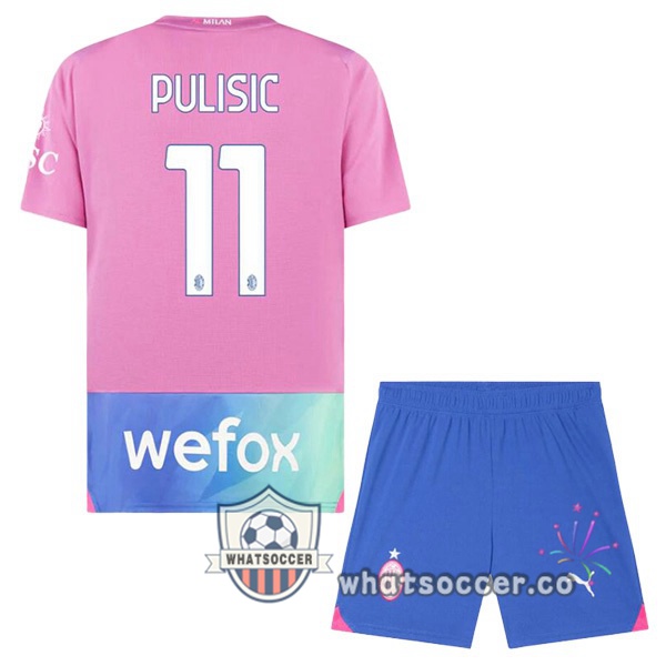 AC Milan (Pulisic 11) Kids Third Soccer Jerseys Rose 2023-2024