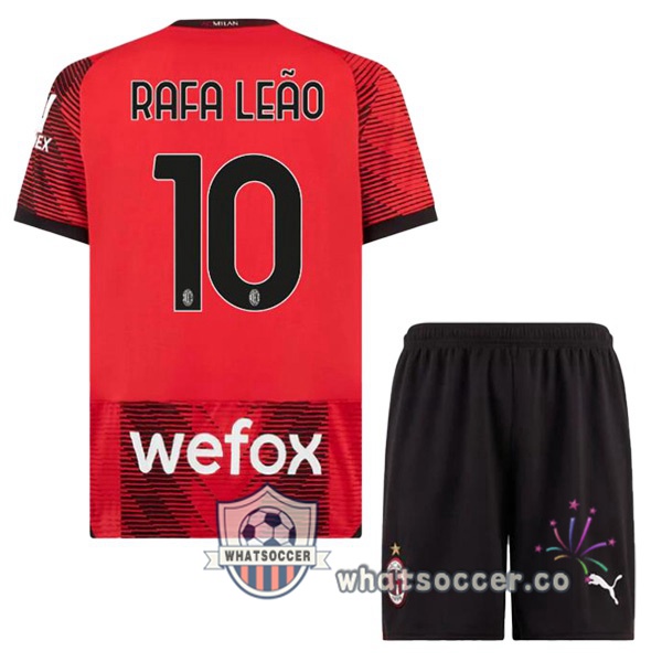 AC Milan (Rafa Leão 10) Kids Home Soccer Jerseys Red 2023-2024