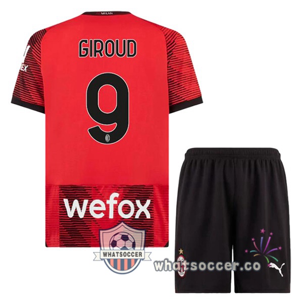 AC Milan (Giroud 9) Kids Home Soccer Jerseys Red 2023-2024