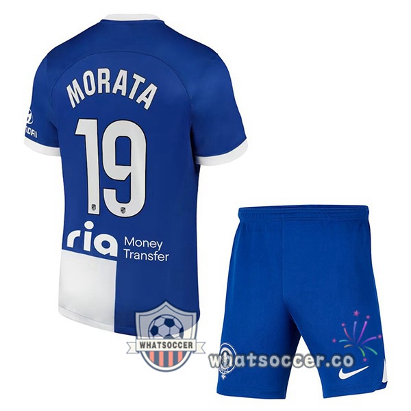 Atletico Madrid (Morata 19) Kids Away Soccer Jerseys Blue 2023-2024