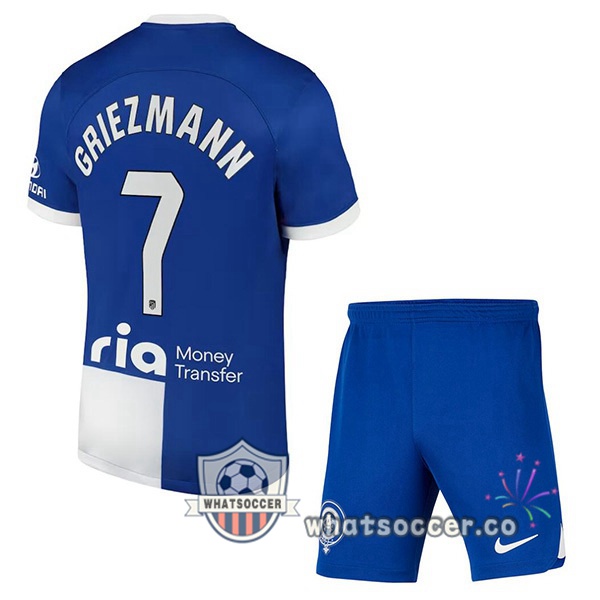 Atletico Madrid (Griezmann 7) Kids Away Soccer Jerseys Blue 2023-2024