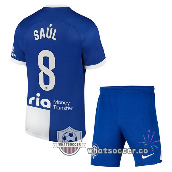 Atletico Madrid (Saúl 8) Kids Away Soccer Jerseys Blue 2023-2024