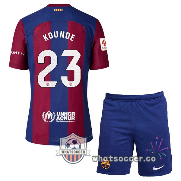 FC Barcelona (KOUNDE 23) Kids Home Soccer Jerseys Blue Red 2023-2024