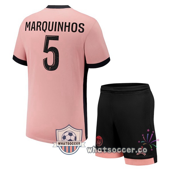 Paris PSG (Marquinhos 5) Kids Third Soccer Jerseys Rose 2024-2025