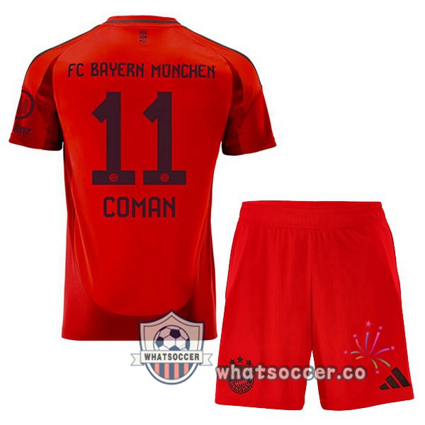 Bayern Munich (Coman 11) Kids Home Soccer Jerseys Red 2024-2025