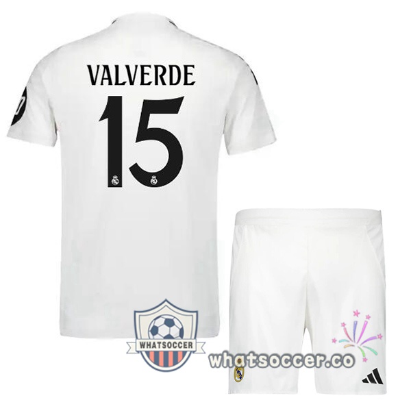 Real Madrid (Valverde 15) Kids Home Soccer Jerseys White 2024-2025
