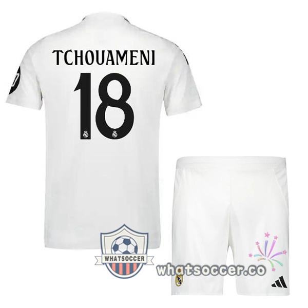 Real Madrid (Tchouameni 18) Kids Home Soccer Jerseys White 2024-2025