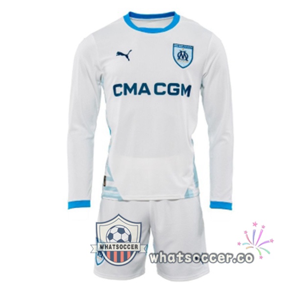 Olympique de Marseille Kids Home Soccer Jerseys Long Sleeve White 2024-2025