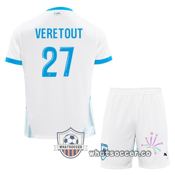 Olympique de Marseille (VERETOUT 27) Kids Home Soccer Jerseys White 2024-2025