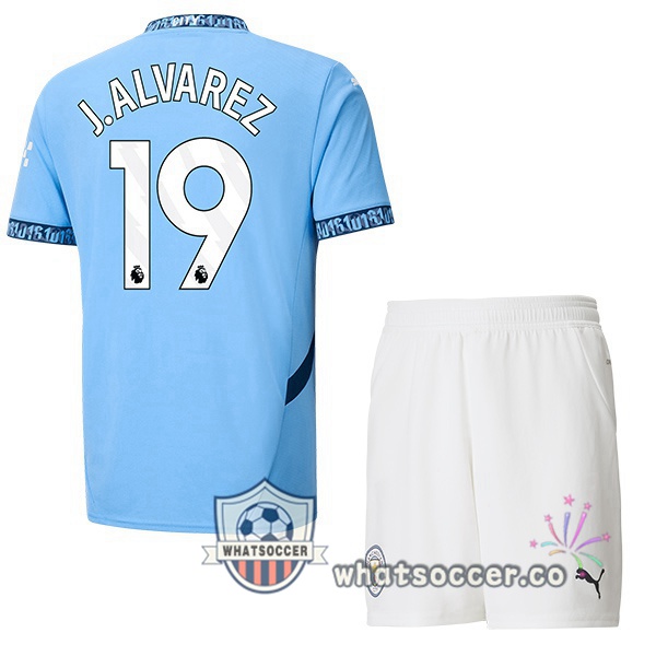 Manchester City (Julián Álvarez 19) Kids Home Soccer Jerseys Blue 2024-2025