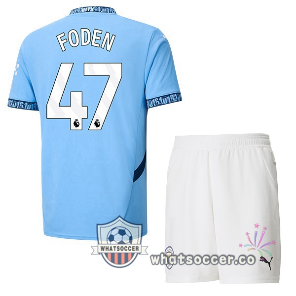 Manchester City (Phil Foden 47) Kids Home Soccer Jerseys Blue 2024-2025