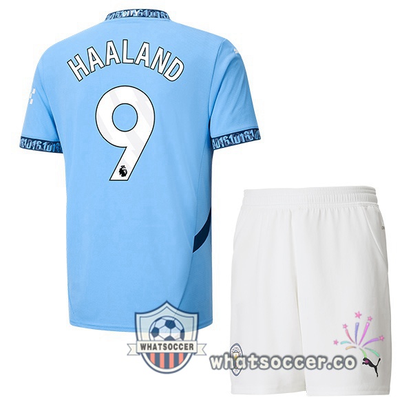 Manchester City (Erling Haaland 9) Kids Home Soccer Jerseys Blue 2024-2025