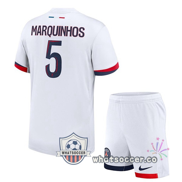 Paris PSG (Marquinhos 5) Kids Away Soccer Jerseys White 2024-2025