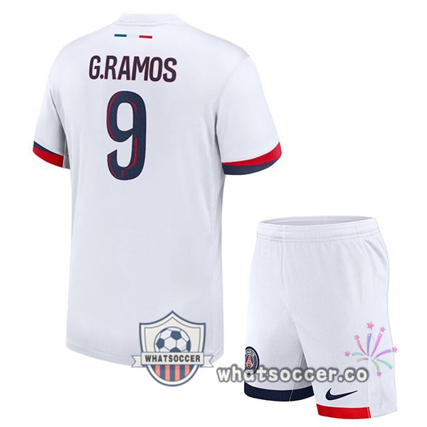 Paris PSG (G.Ramos 9) Kids Away Soccer Jerseys White 2024-2025
