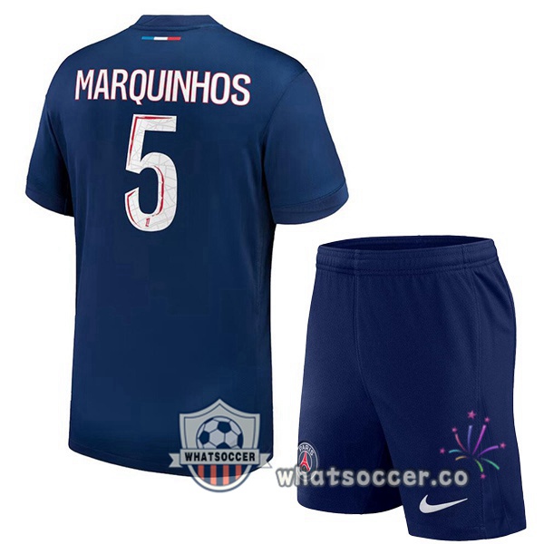 Paris PSG (Marquinhos 5) Kids Home Soccer Jerseys Blue Royal 2024-2025