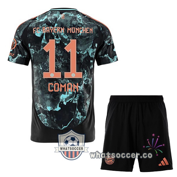 Bayern Munich (Coman 11) Kids Away Soccer Jerseys Black 2024-2025