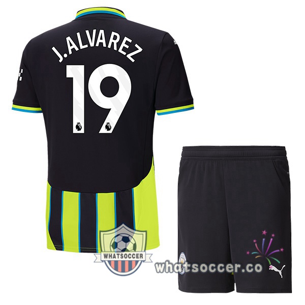 Manchester City (Julián Álvarez 19) Kids Away Soccer Jerseys Green Black 2024-2025