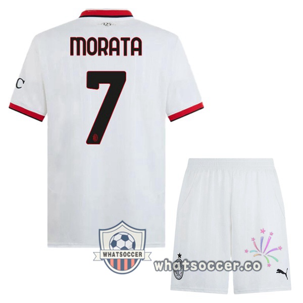 AC Milan (Morata 7) Kids Away Soccer Jerseys White 2024-2025