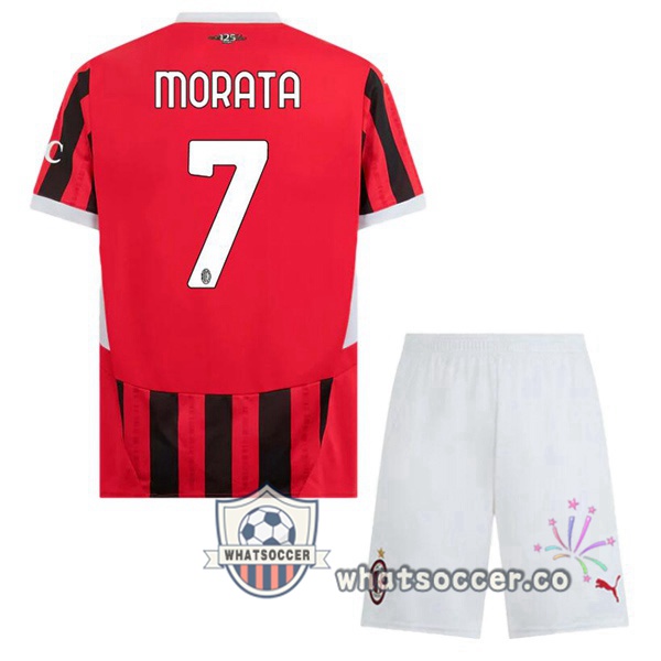 AC Milan (Morata 7) Kids Home Soccer Jerseys Red Black 2024-2025