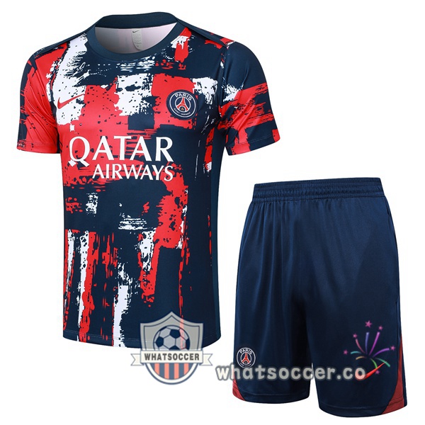 Paris PSG Training T-Shirts + Shorts Blue Royal Red 2024-2025