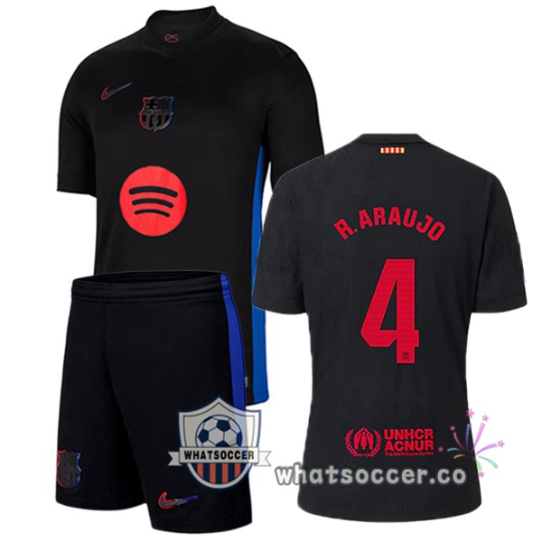 FC Barcelona (R. ARAUJO 4) Kids Away Soccer Jerseys Black 2024-2025