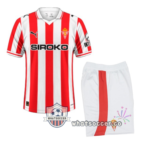 Sporting Gijon Kids Home Soccer Jerseys Red White 2025-2026
