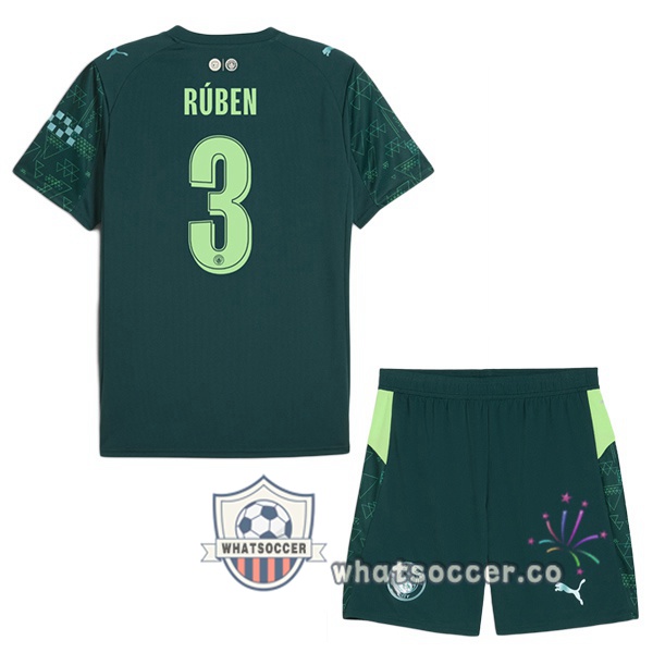 Manchester City (Ruben Dias 3) Kids Fourth Soccer Jerseys Green 2025-2026